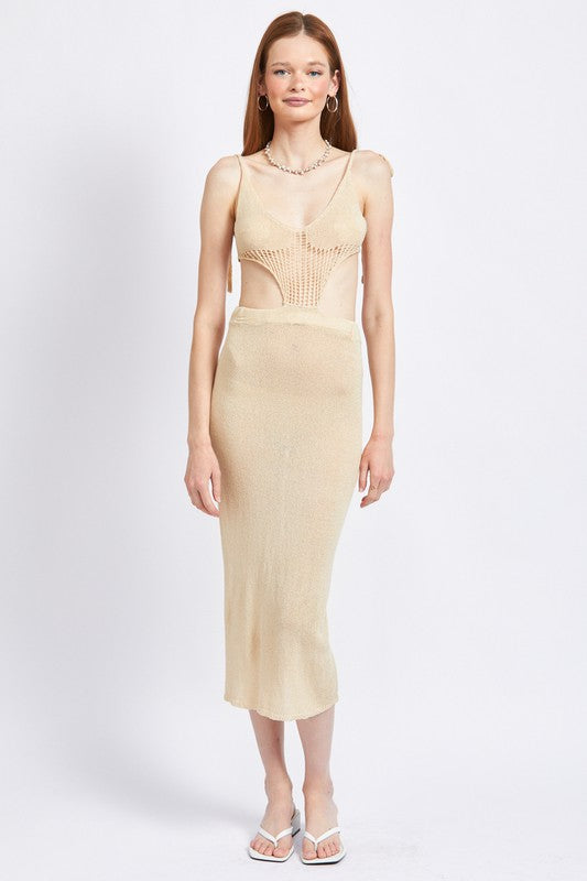 CUT OUT DETAUL MIDI DRESS WITH SHOULDER TIES