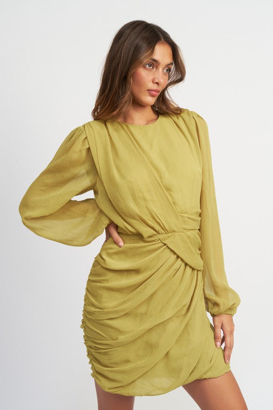 LONG SLEEVE RUCHED MINI DRESS