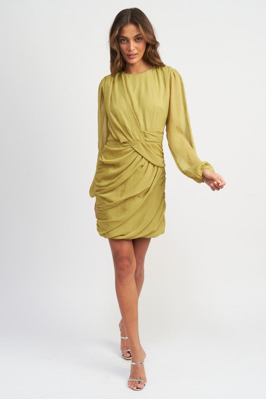 LONG SLEEVE RUCHED MINI DRESS