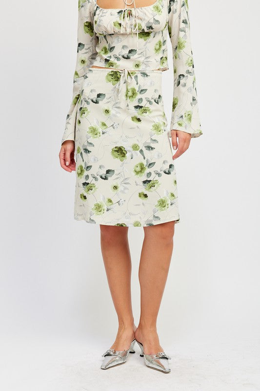 FLORAL MIDI SKIRT WITH FRONT DRAWSTRING