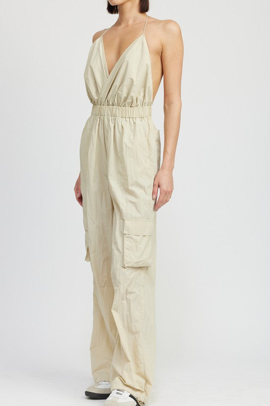 SPAGHETTI STRAP CARGO JUMPSUIT