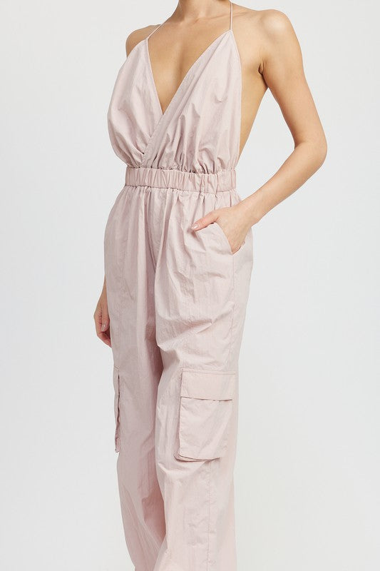 SPAGHETTI STRAP CARGO JUMPSUIT