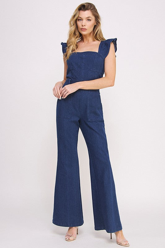 DENIM RUFFLE FLARE LEG JUMPSUIT