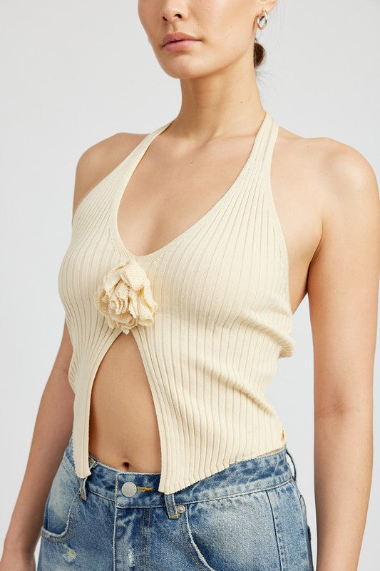 ROSETTE SPLIT FRONT HALTER TOP