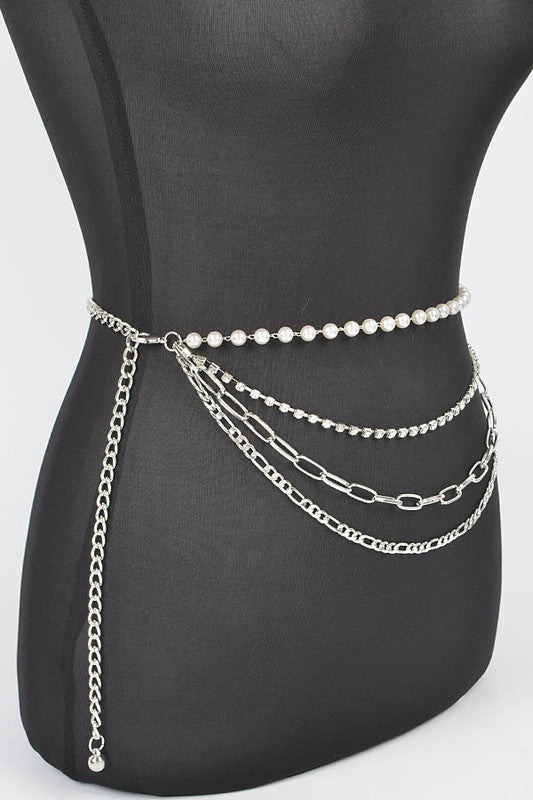 Plus Size Rhinestone Pearl Layered Chain Belt