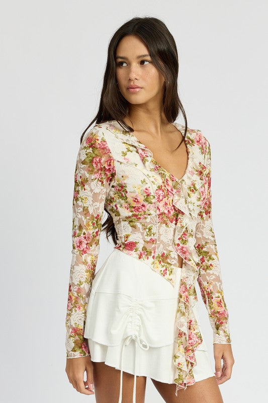 FLORAL PRINT TOP WITH RUFFLE DETAIL