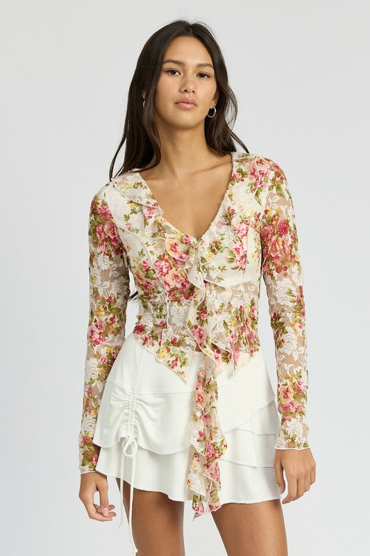 FLORAL PRINT TOP WITH RUFFLE DETAIL