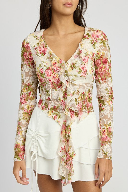 FLORAL PRINT TOP WITH RUFFLE DETAIL