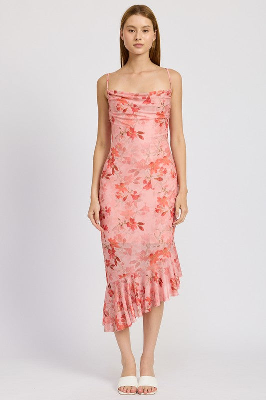 FLORAL ASYMMETRICAL DRESS WITH RUFFLE DETAIL