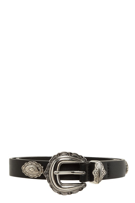 Etched Buckle Faux Leather Belt